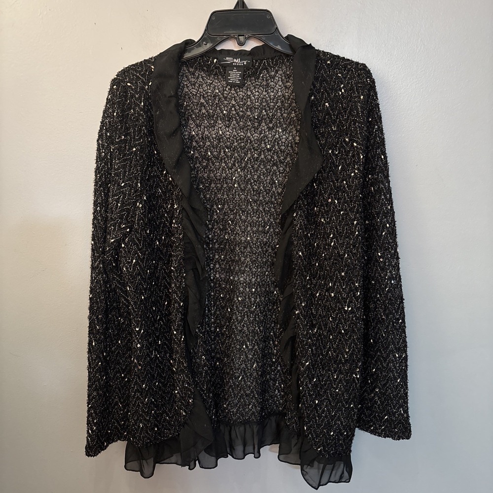 Vintage Women's Black Open Knit Cardigan Gold Metallic Ruffle Trim Size L‎ Artsy